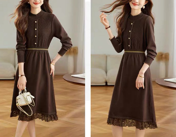 Women's Turtleneck Sweater Knit Lace Trim Midi Dress