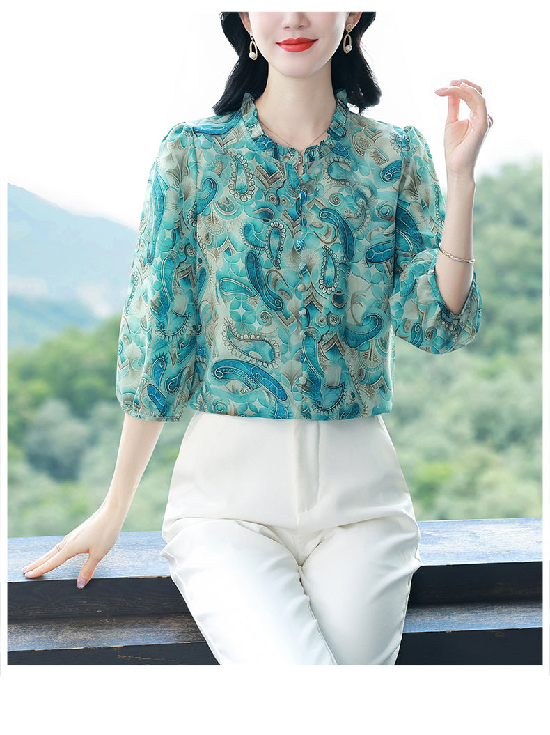 Women's Floral Print Ruffle Button Loose Blouses Top