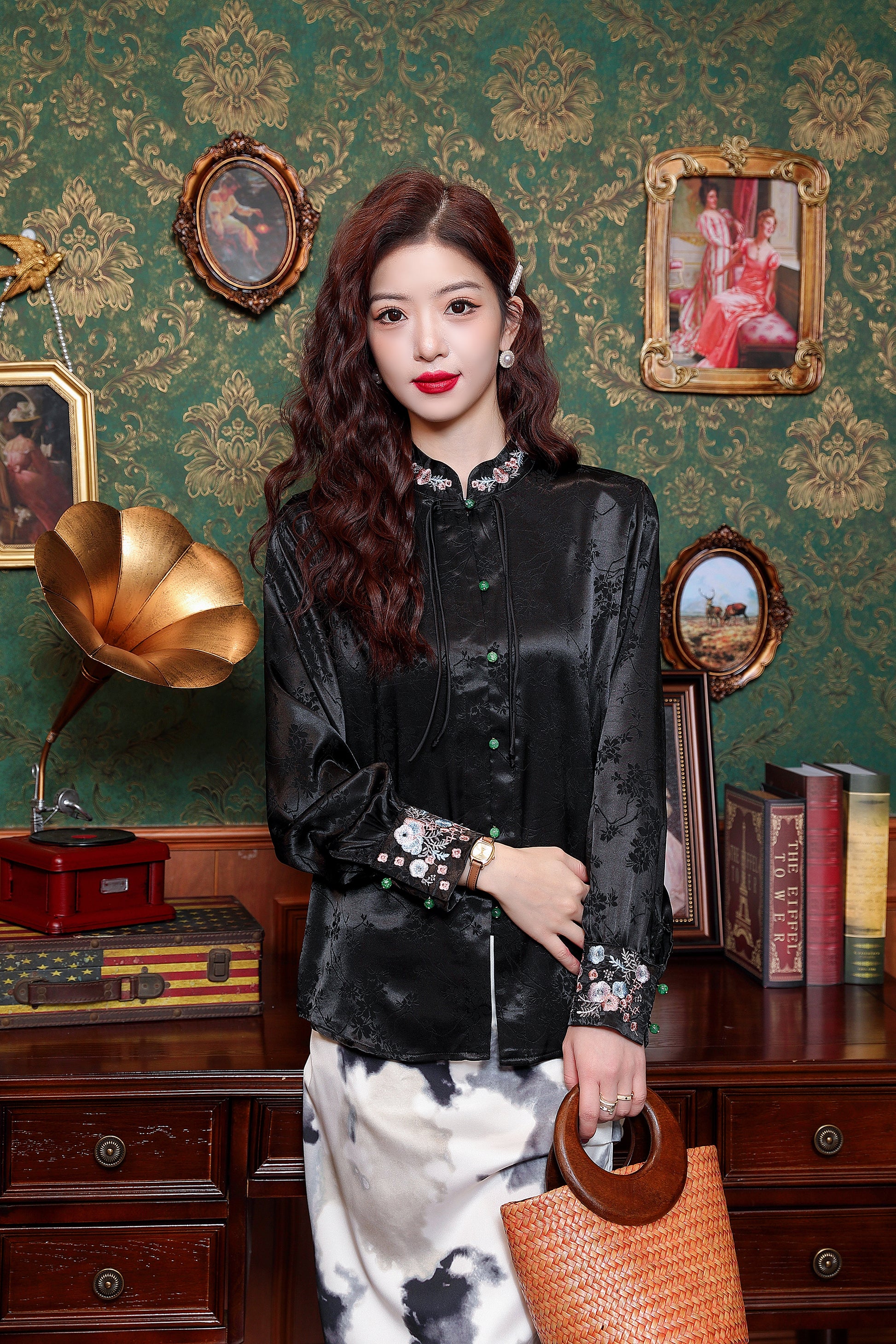 Women's Chinese Style Silk Satin Jacquard  Shirt - LAI MENG FIVE CATS