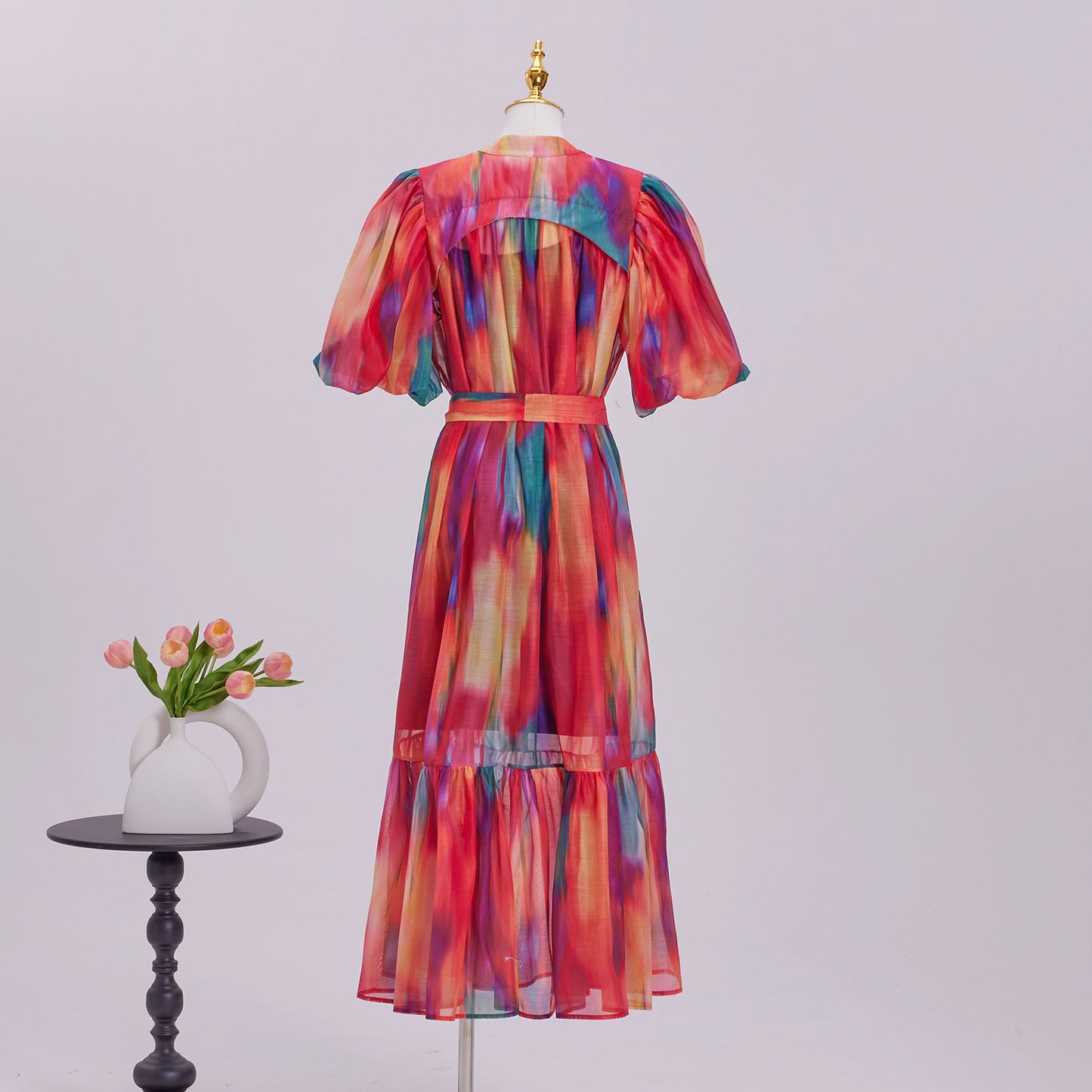 Women's Floral Print Puff Sleeve Fishtail Loose Maxi Dress