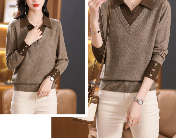 Elegant Layered Knit Sweater with Polo Collar Long Sleeve Knit Pullover - LAI MENG FIVE CATS