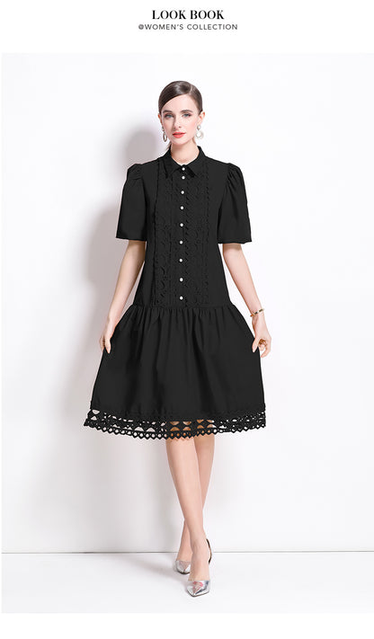 Women's Puff Sleeves Collar Hollow Embroidery Midi Dress