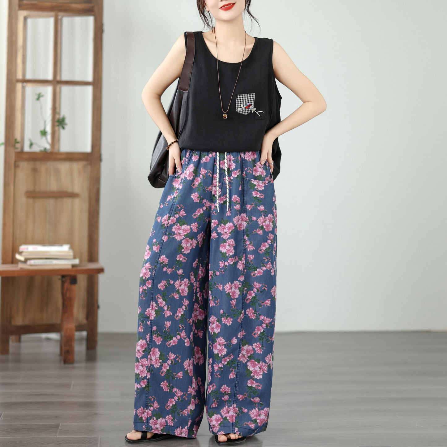 Women's Wide Leg Jeans Lightweight Wasited Elastic Print Y2K Pants - LAI MENG FIVE CATS