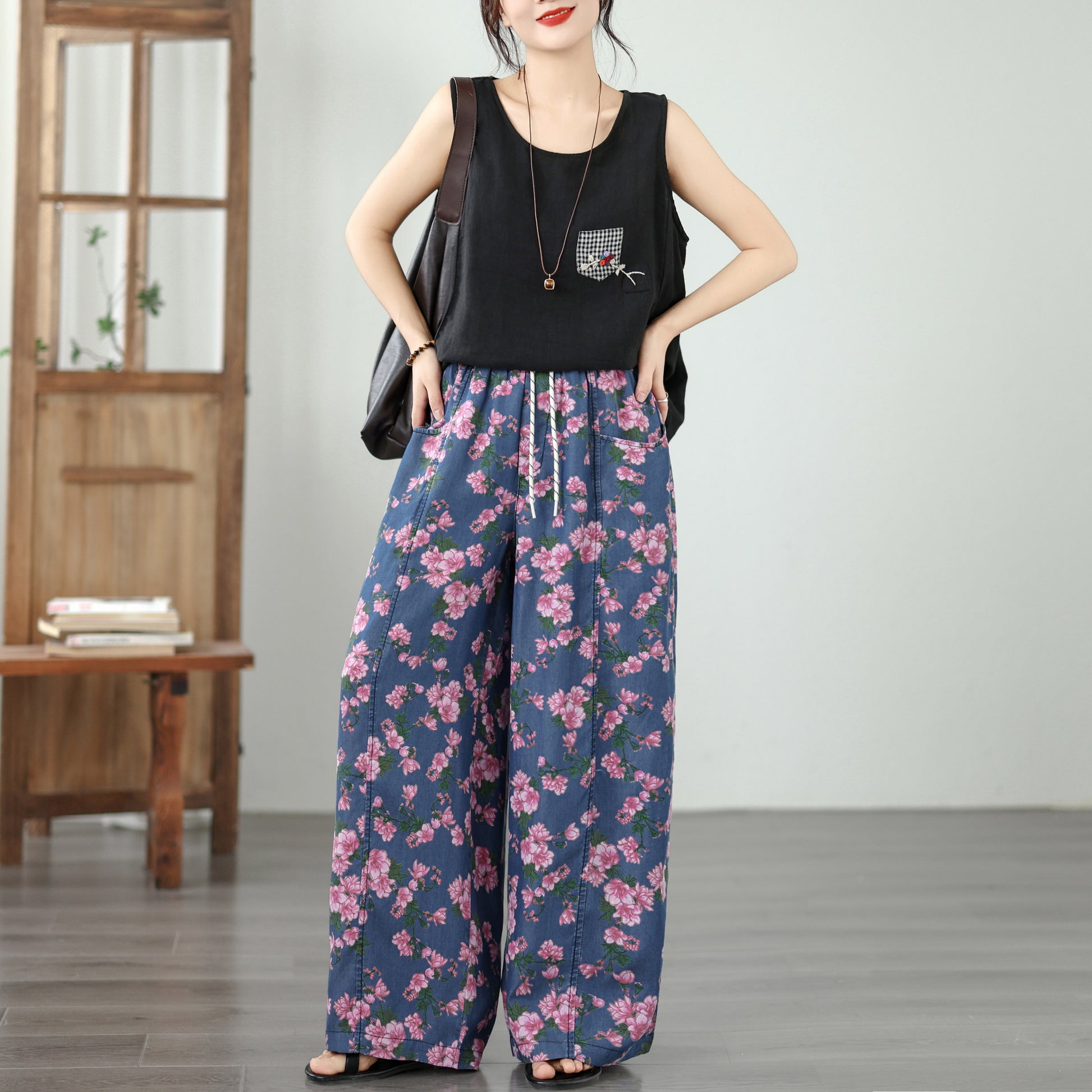 Women's Wide Leg Jeans Lightweight Wasited Elastic Print Y2K Pants - LAI MENG FIVE CATS