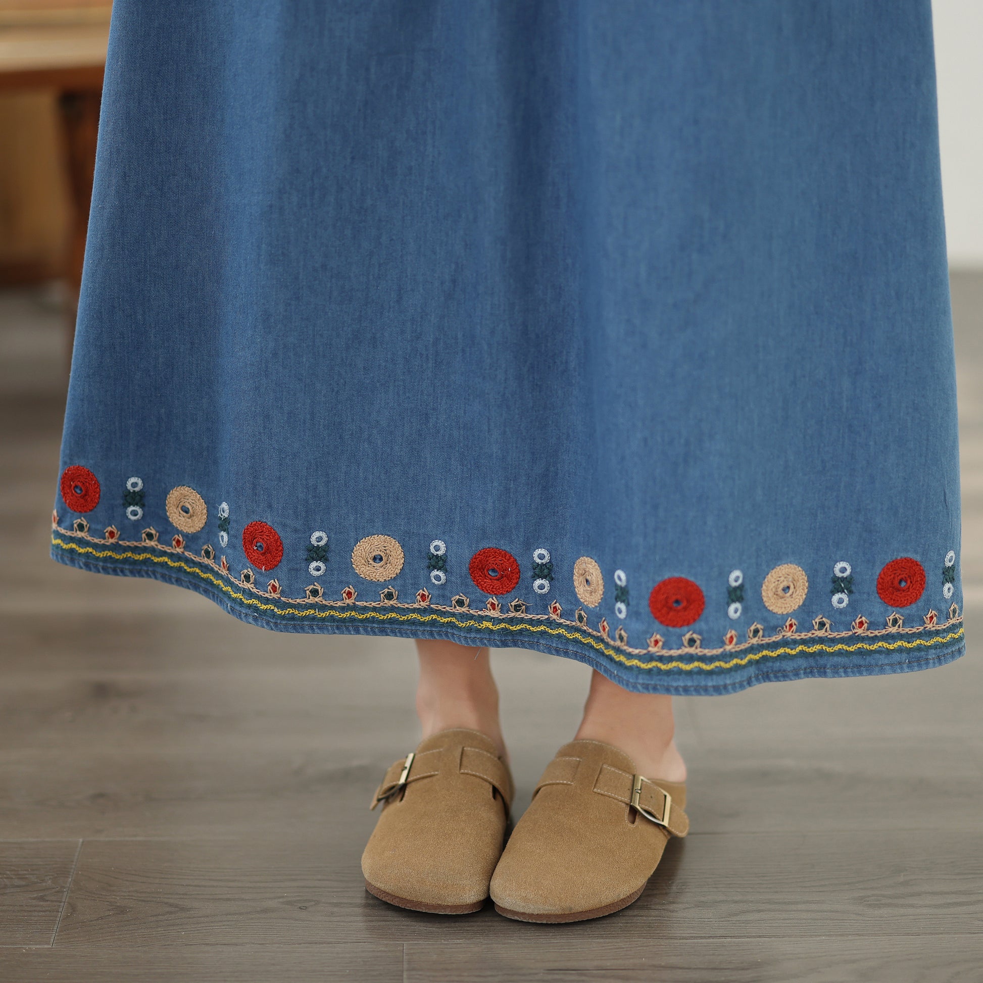 Women's Embroidered Elastic Waist Denim Jean Maxi Skirt Pocket - LAI MENG FIVE CATS