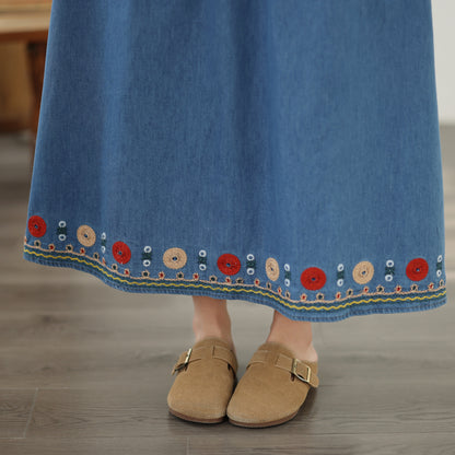 Women's Embroidered Elastic Waist Denim Jean Maxi Skirt Pocket - LAI MENG FIVE CATS