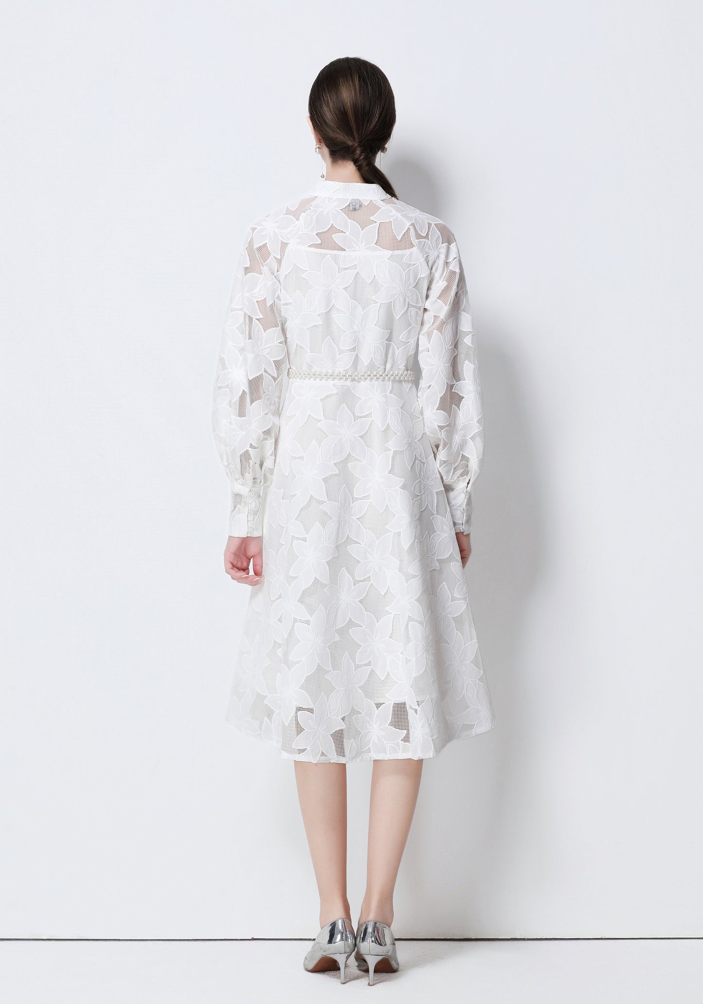 Women's Long Sleeve Eyelet Embroidery Button Midi Dress