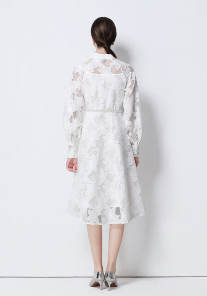 Women's Long Sleeve Eyelet Embroidery Button Midi Dress