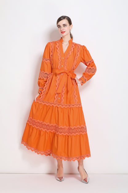 Women's V-Neck Puff Sleeve Lace Tiered Maxi Dress