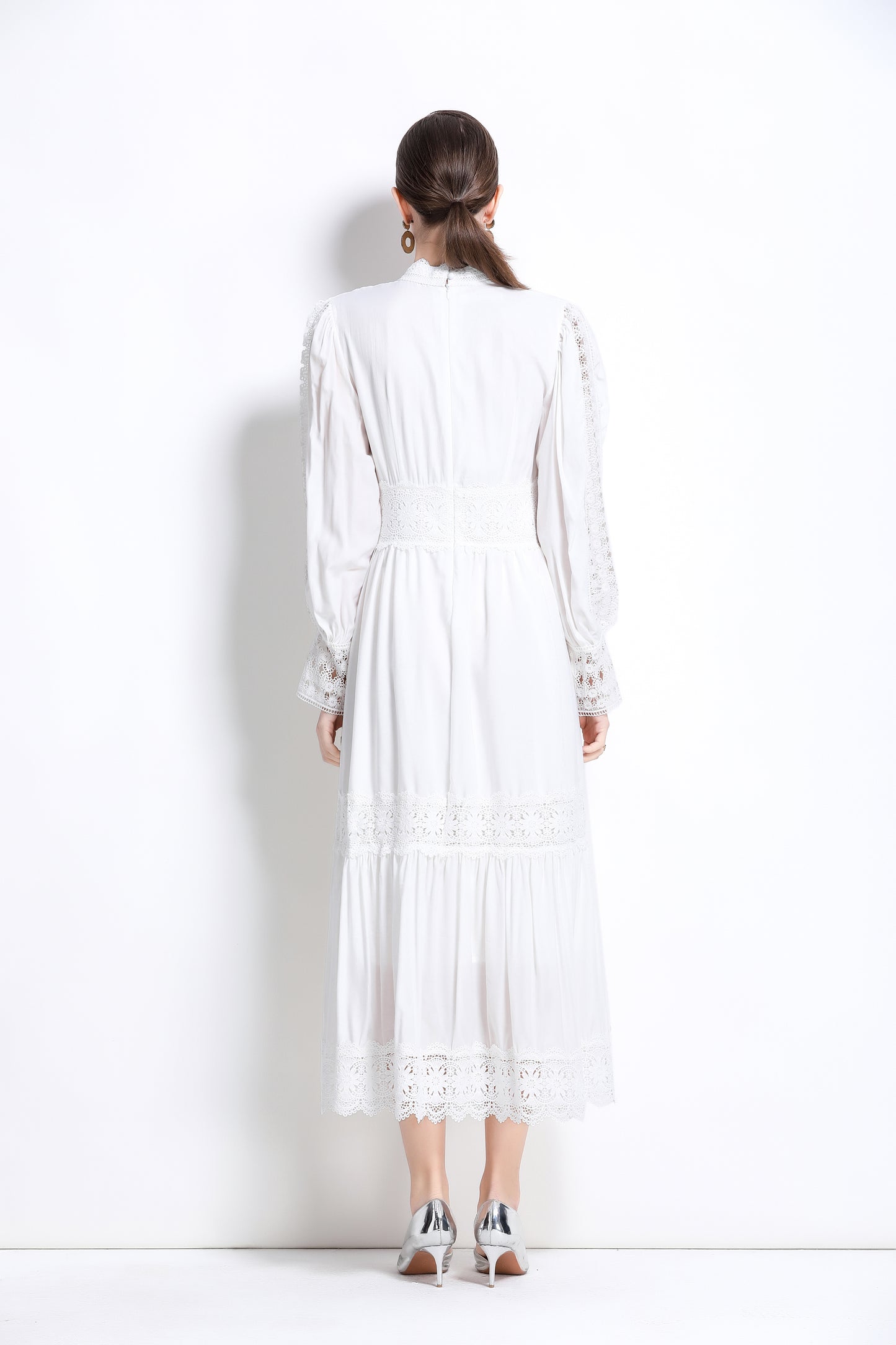 Women's Mock Neck Lantern Sleeve Lace Tiered Maxi Dress