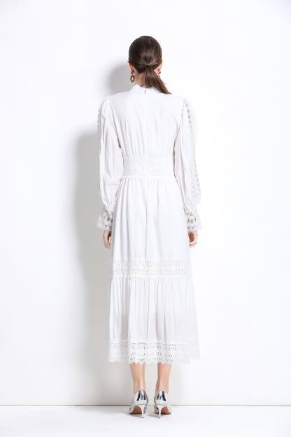 Women's Mock Neck Lantern Sleeve Lace Tiered Maxi Dress