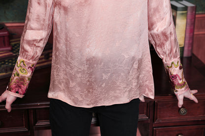 Women's Round Neck Jacquard Embroidery Blouses - LAI MENG FIVE CATS