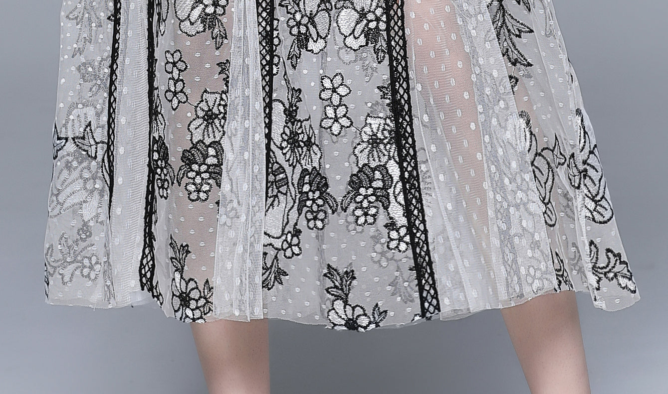 Elegant Embroidered Mesh Midi Dress – Black & White - LAI MENG FIVE CATS