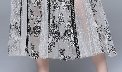 Elegant Embroidered Mesh Midi Dress – Black & White - LAI MENG FIVE CATS