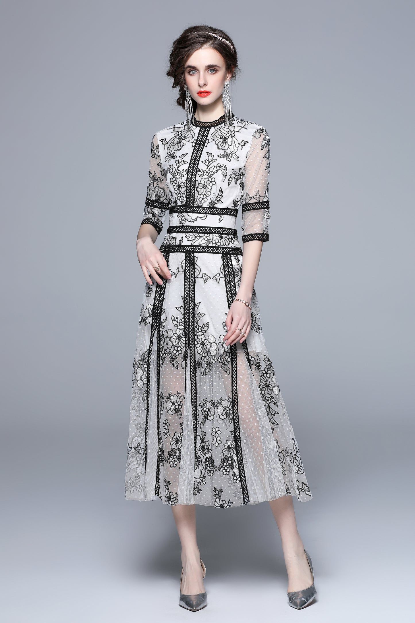 Elegant Embroidered Mesh Midi Dress – Black & White - LAI MENG FIVE CATS