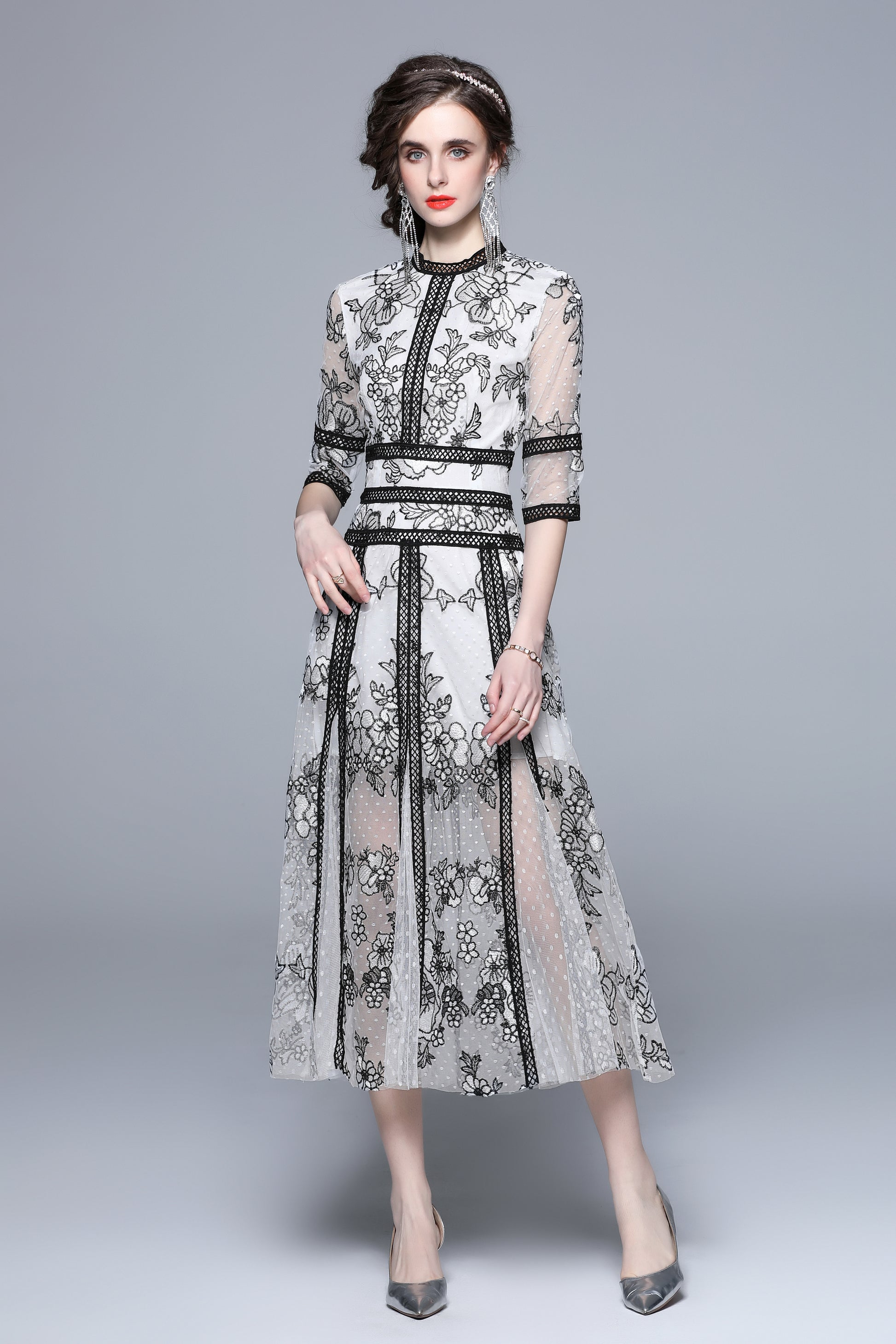 Elegant Embroidered Mesh Midi Dress – Black & White - LAI MENG FIVE CATS