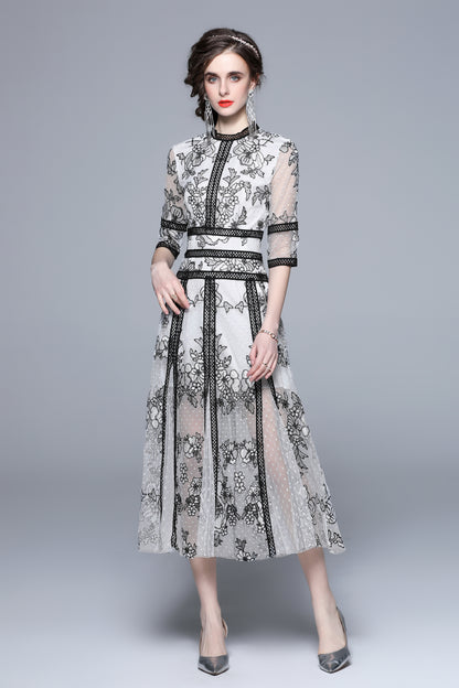 Elegant Embroidered Mesh Midi Dress – Black & White - LAI MENG FIVE CATS