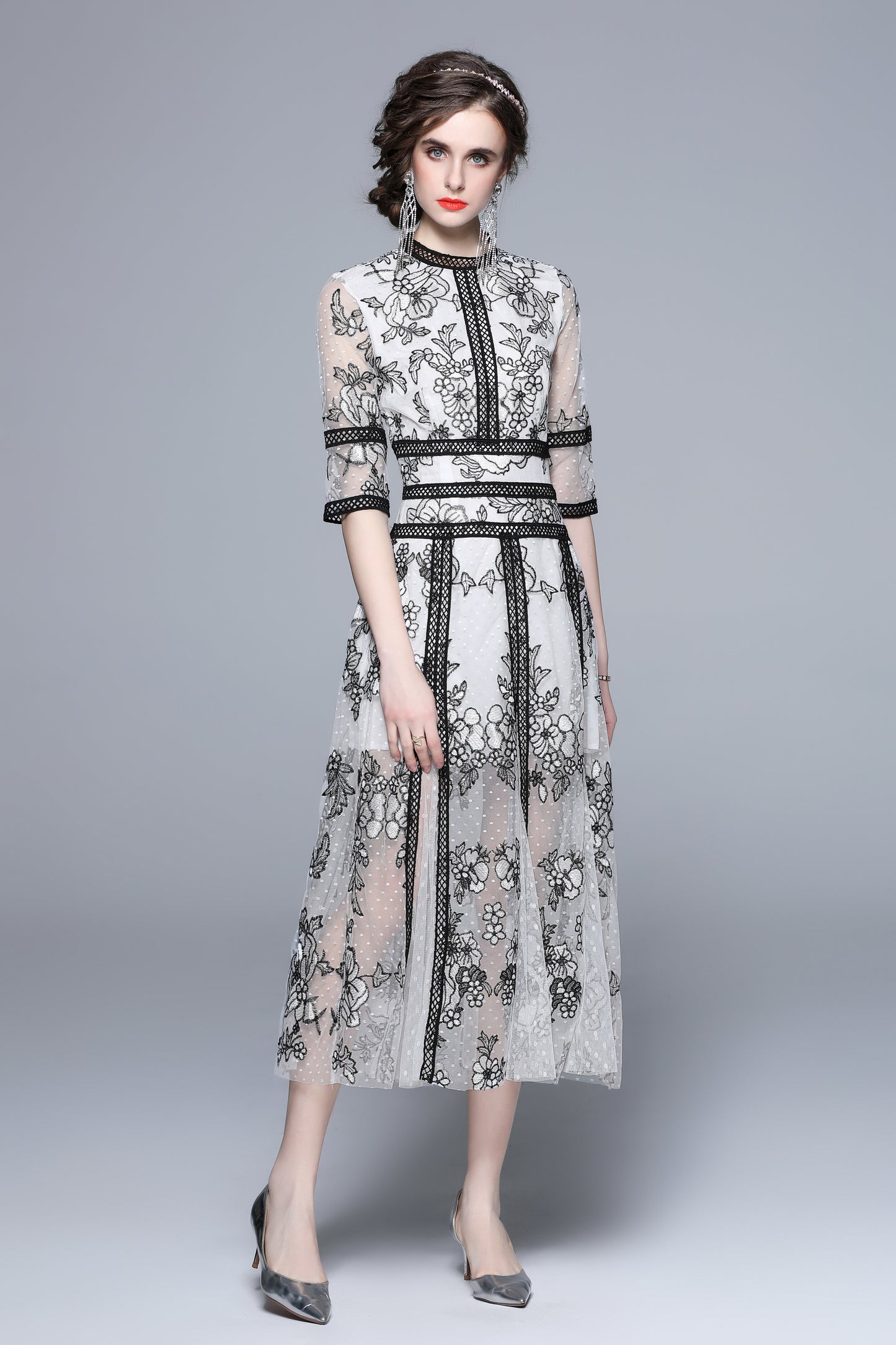 Elegant Embroidered Mesh Midi Dress – Black & White - LAI MENG FIVE CATS