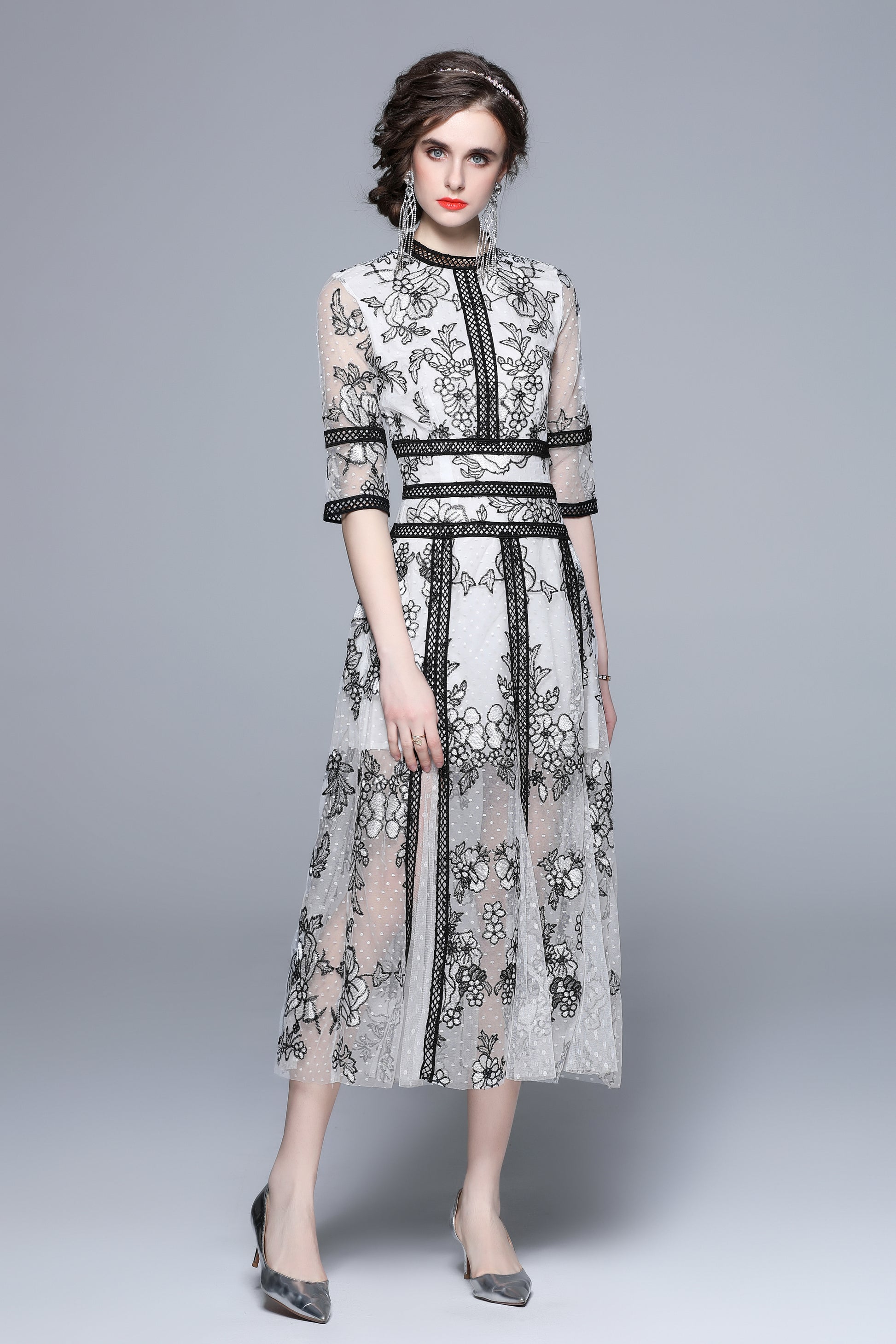 Elegant Embroidered Mesh Midi Dress – Black & White - LAI MENG FIVE CATS