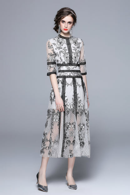 Elegant Embroidered Mesh Midi Dress – Black & White - LAI MENG FIVE CATS