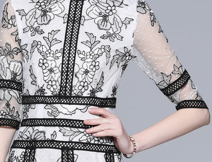 Elegant Embroidered Mesh Midi Dress – Black & White - LAI MENG FIVE CATS