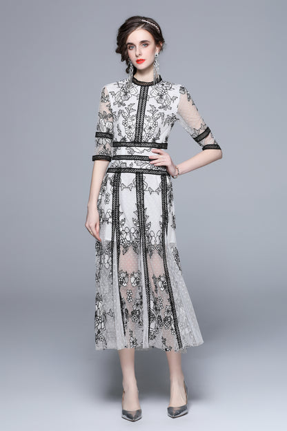 Elegant Embroidered Mesh Midi Dress – Black & White - LAI MENG FIVE CATS