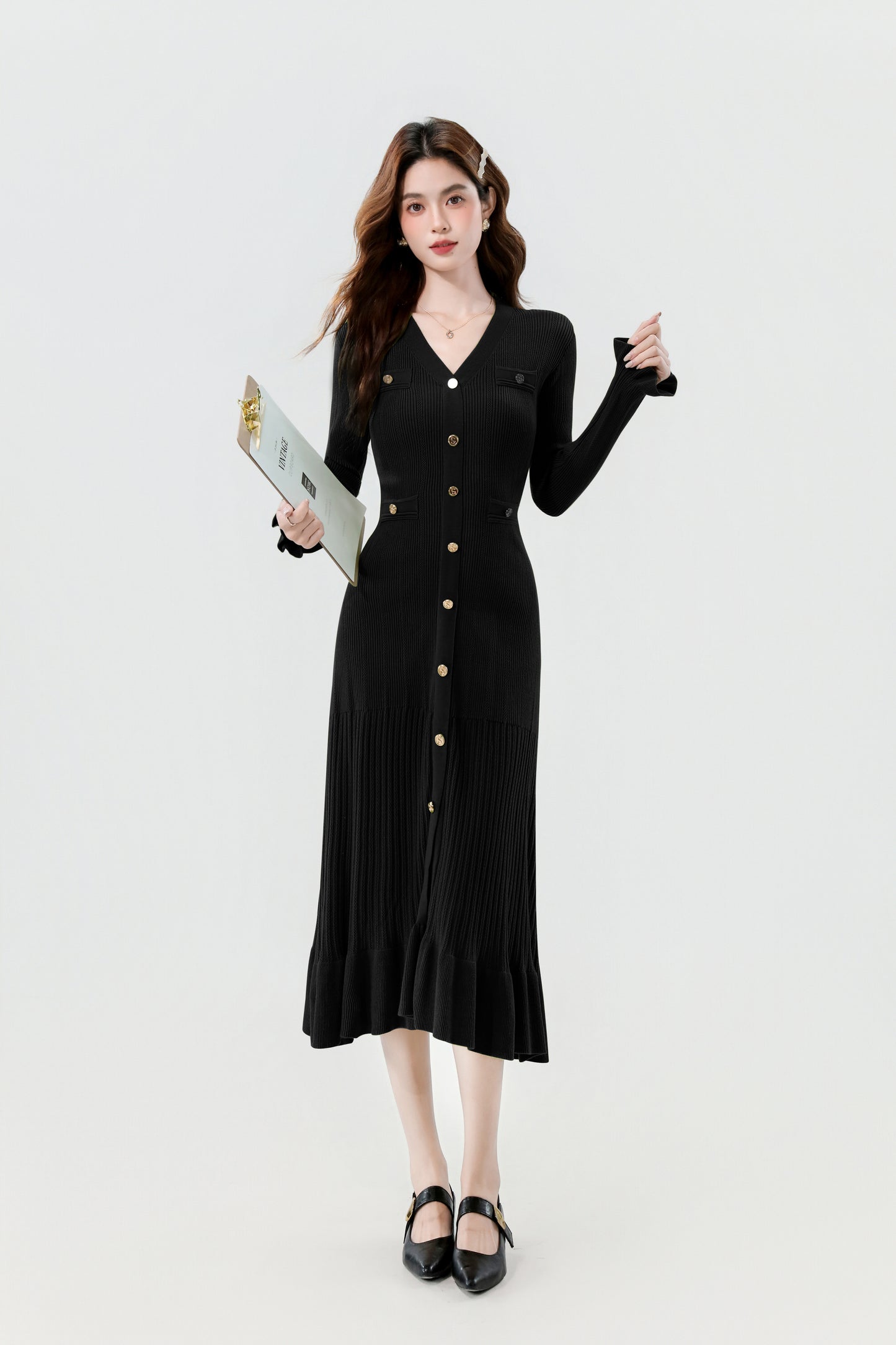 Women's V-Neck Sweater Knit Fishtail Hem Midi Dress