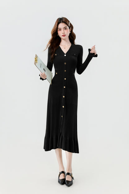 Women's V-Neck Sweater Knit Fishtail Hem Midi Dress