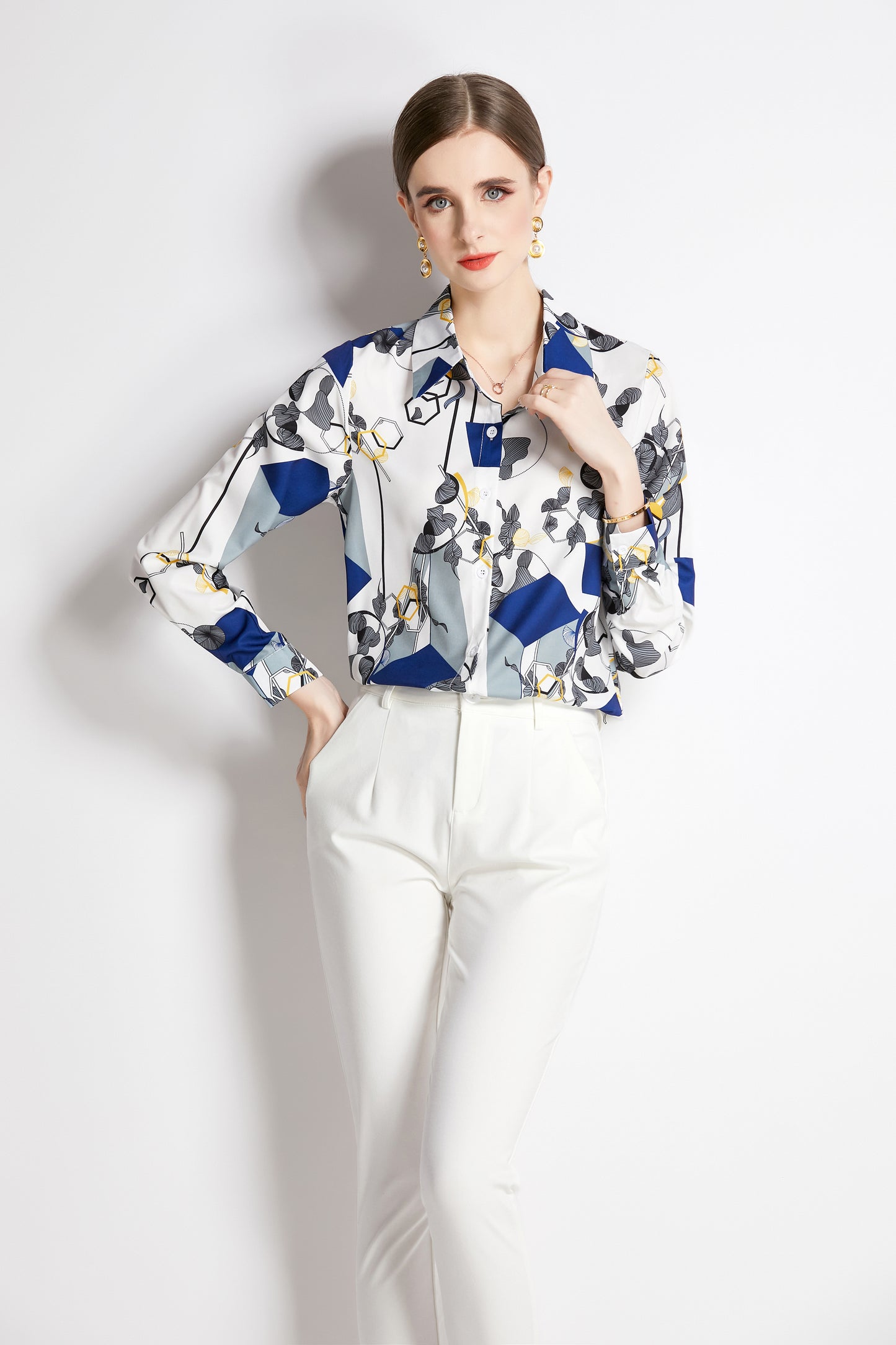 ESY-Women's Shirt Floral Print Long Sleeve Button Blouse