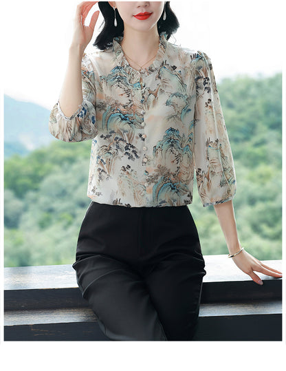 Women's Floral Print Ruffle Button Loose Blouses Top