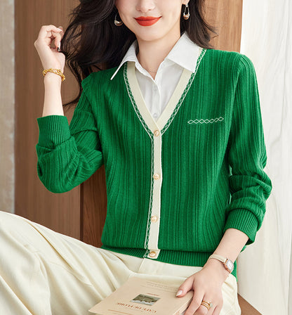 Women's Sweater 2 in 1 Lapel Ribbed Knit Pullover Top