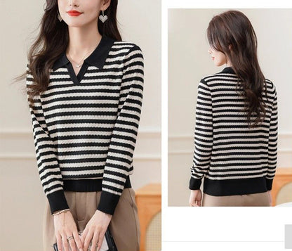 Women's Striped Sweater Lapel Ribbed Pullover Knit