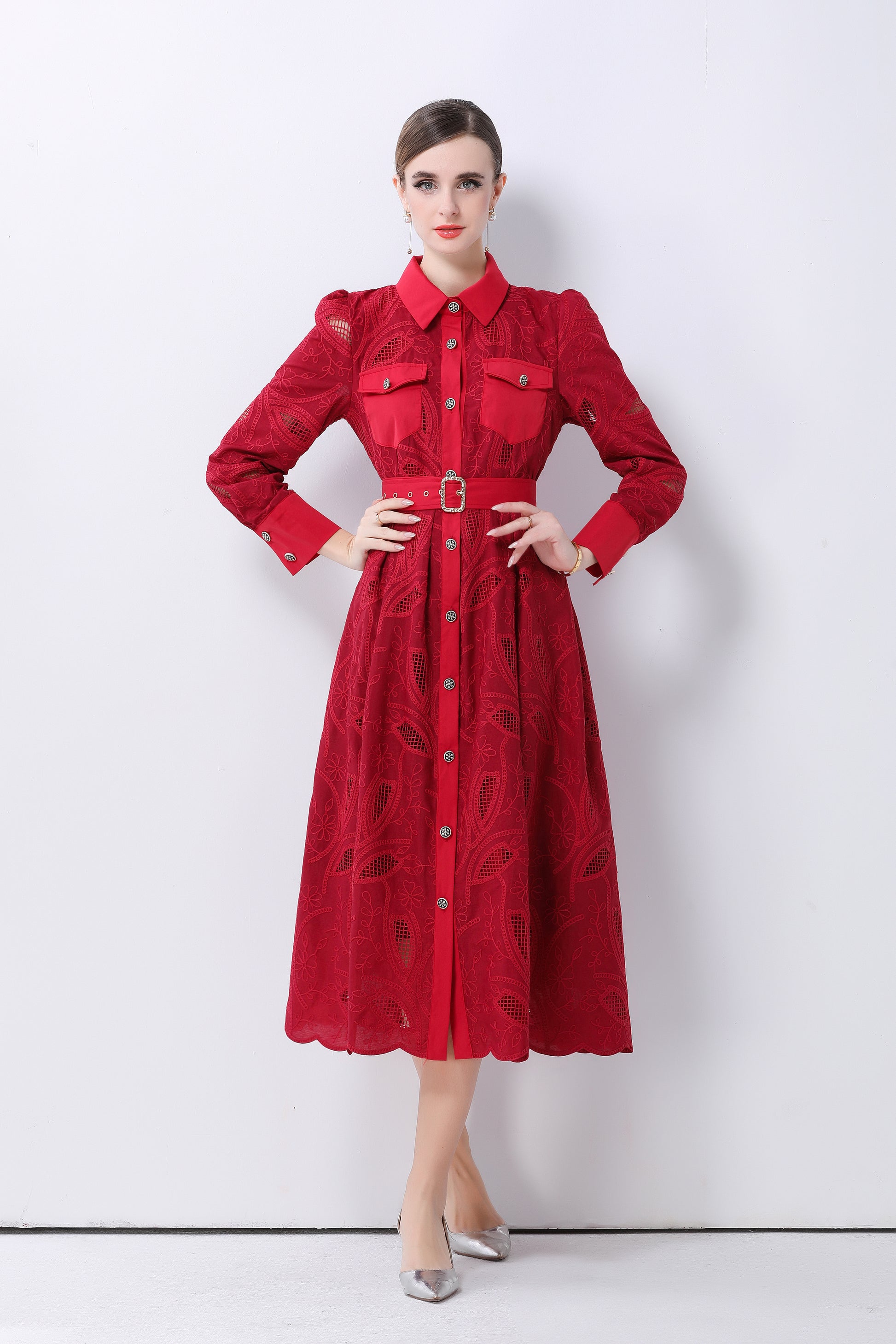 Women's Embroidery Hollow Out Lace Midi Dress - LAI MENG FIVE CATS