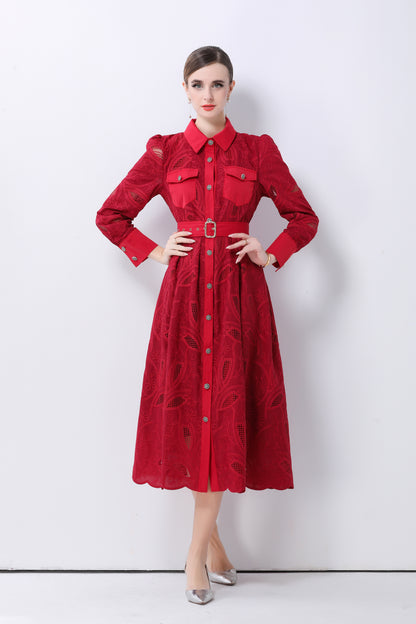 Women's Embroidery Hollow Out Lace Midi Dress - LAI MENG FIVE CATS