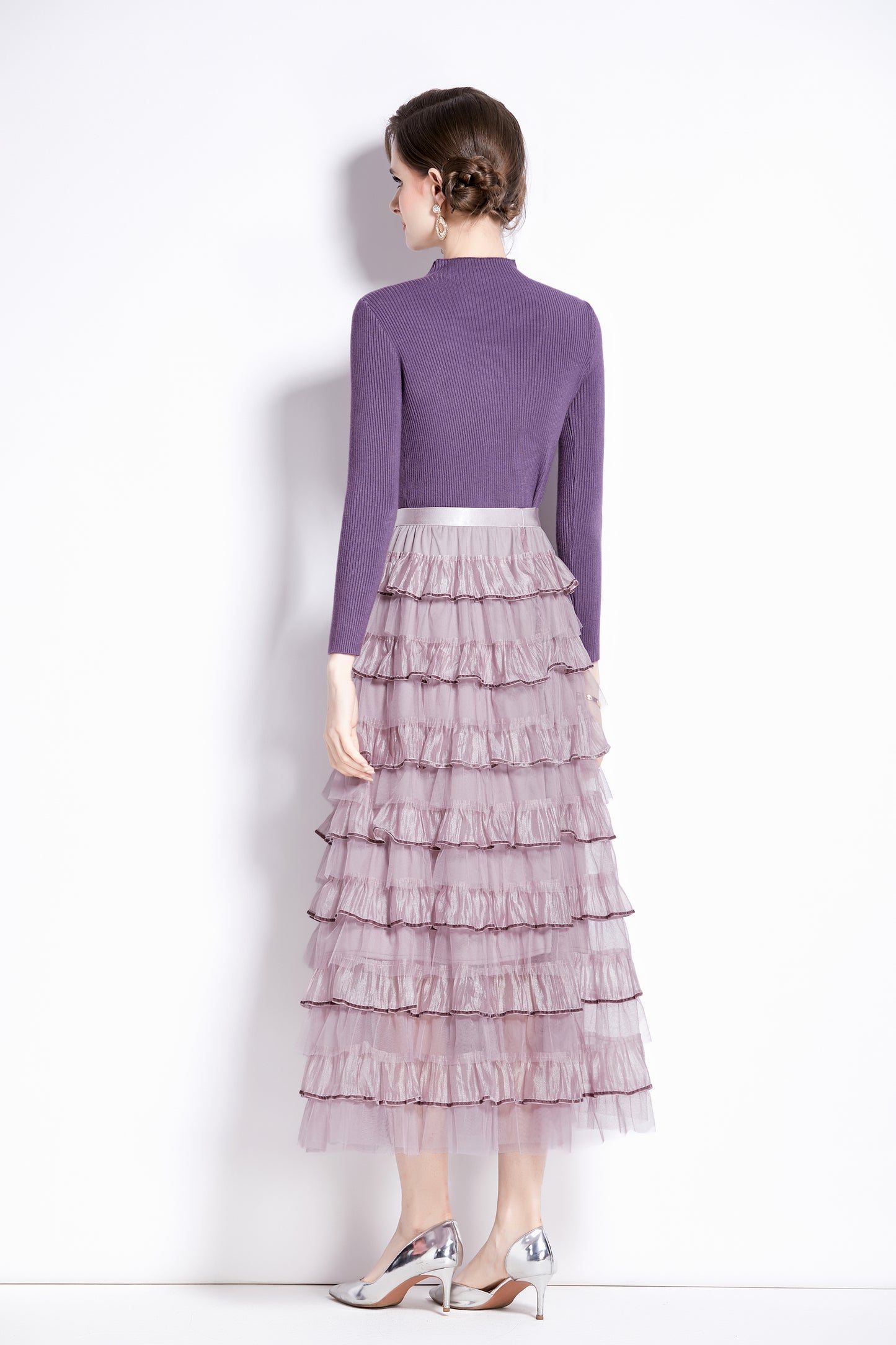 Women's 2 Piece Skirt Set Knit Top Ruffle Layered Skirt