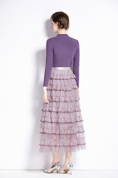 Women's 2 Piece Skirt Set Knit Top Ruffle Layered Skirt