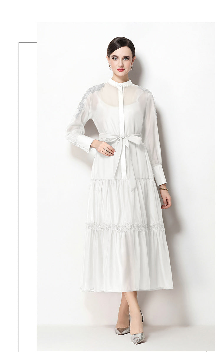 Elegant Bead Embroidery Loose Button Belted Maxi Dress - LAI MENG FIVE CATS