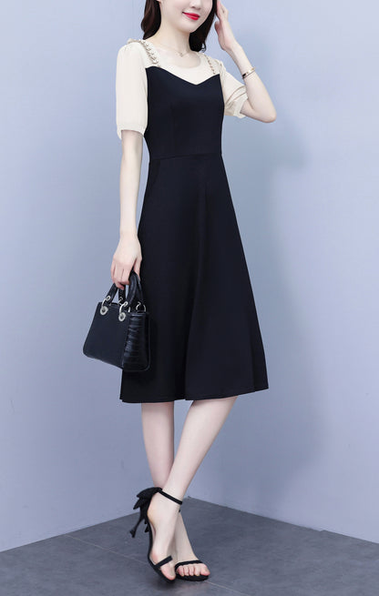 Women's Short Sleeve Pocket A-line Stretch Midi Dress