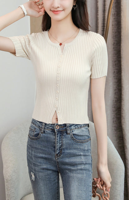 Women's V-Neck Knitted Thin Tops Ribbed Shirt