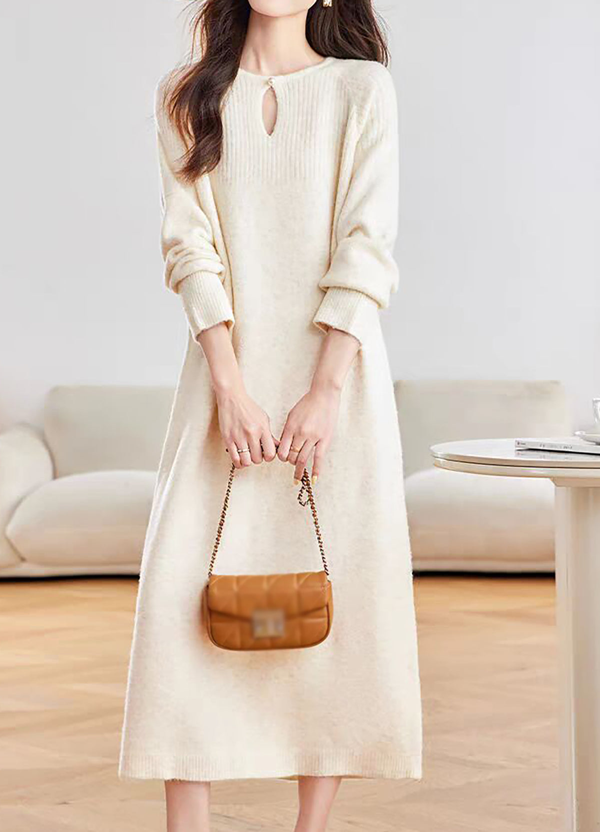 28721 Women's Keyhole Neck Knit Midi Dress – Relaxed Fit | 3 Colors