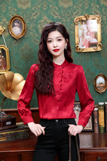 Women's Silk Satin Jacquard Long Sleeve Blouses