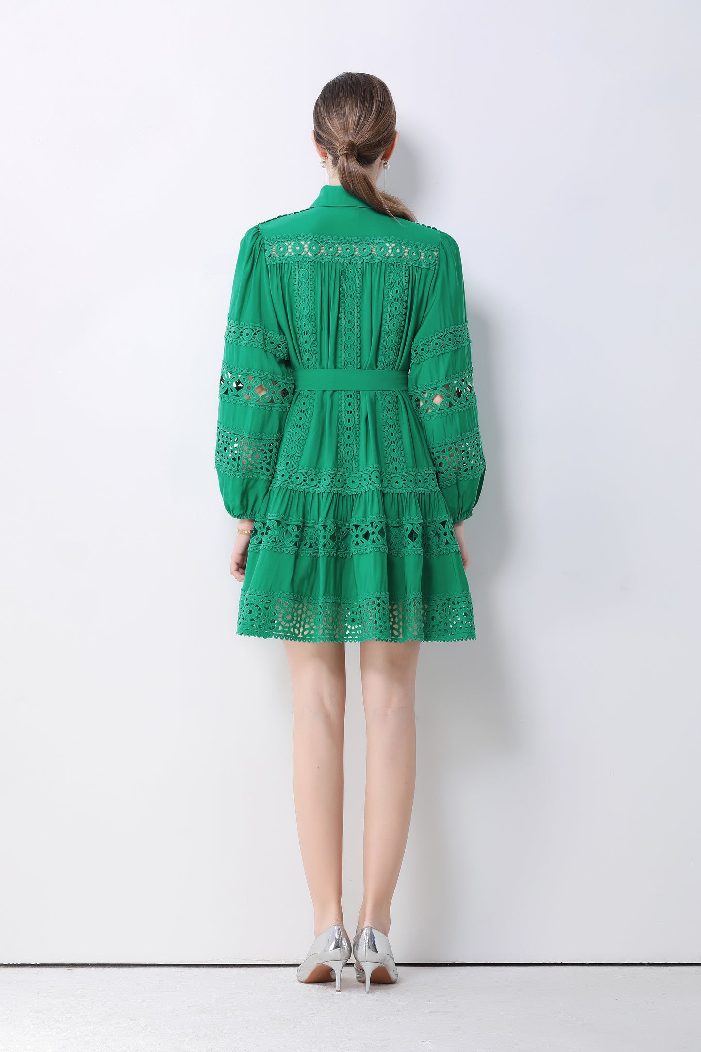 Women's Hollow Out Lace Puff Sleeve Button Mini Dress - LAI MENG FIVE CATS