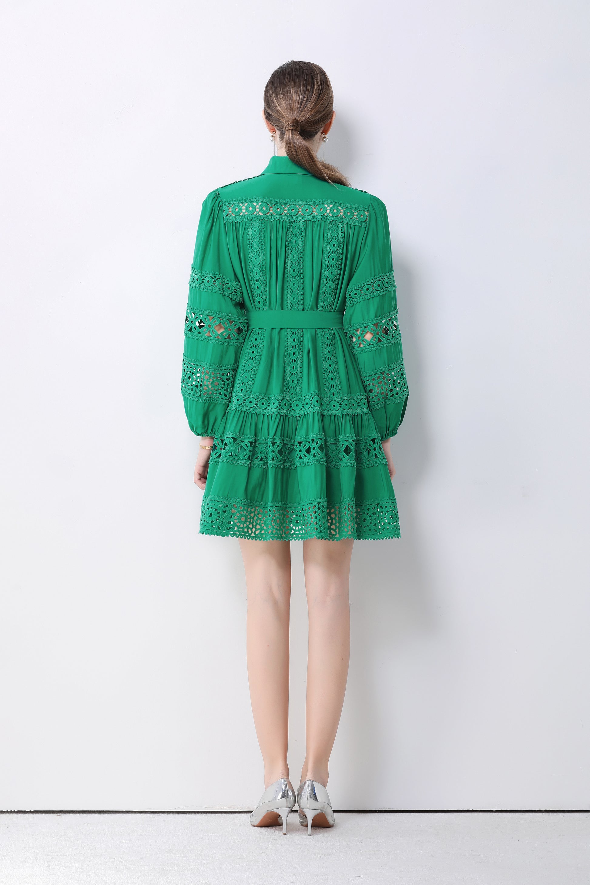 Women's Hollow Out Lace Puff Sleeve Button Mini Dress - LAI MENG FIVE CATS