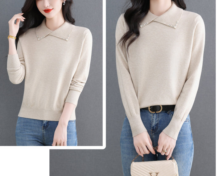 Women's Long Sleeve Sweater Lapel Collar Pullover Tops - LAI MENG FIVE CATS