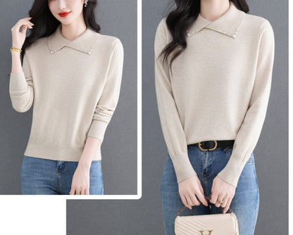Women's Long Sleeve Sweater Lapel Collar Pullover Tops - LAI MENG FIVE CATS