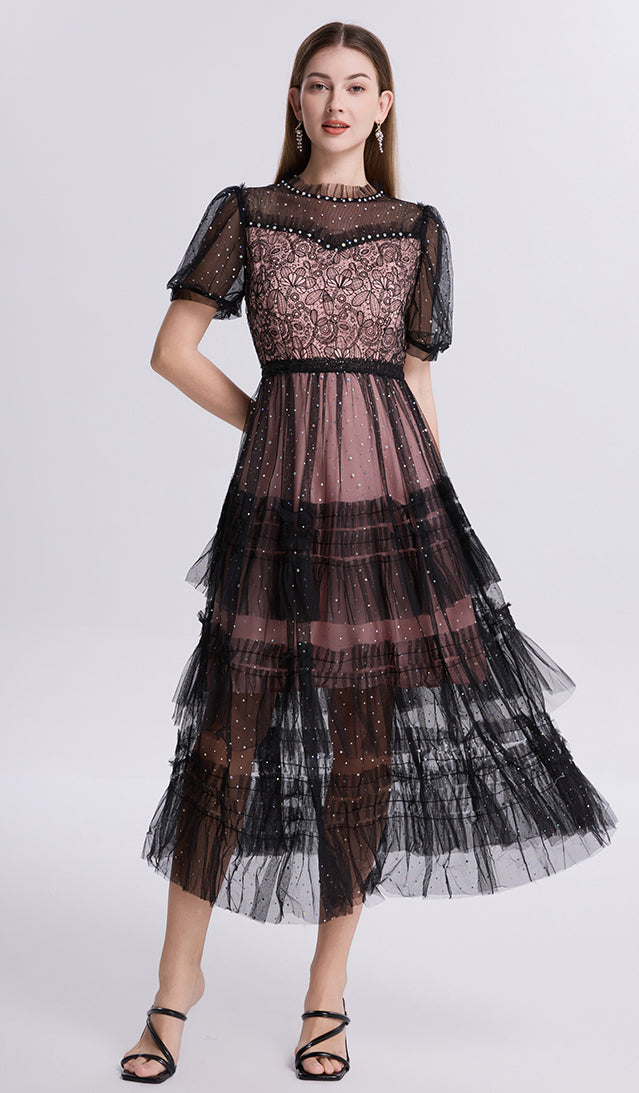 Black Sheer Sleeves Lace Glitter Tulle Dress