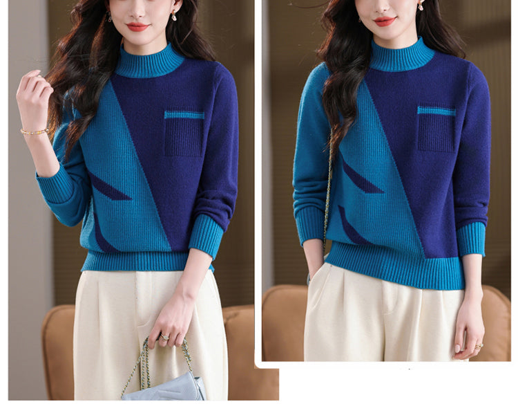 Women's Color Block Sweater Long Sleeve Ribbed Knit Tops