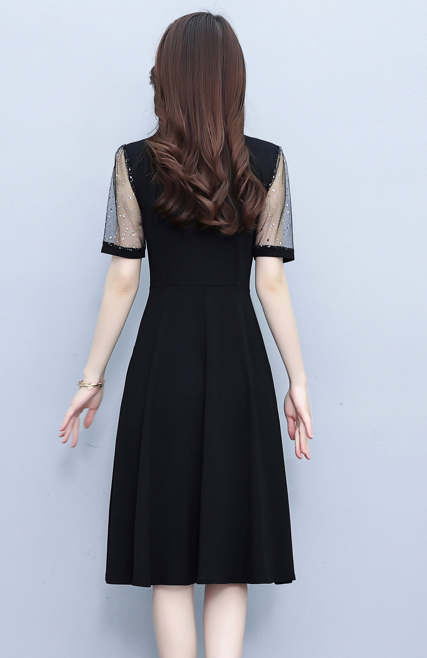 Elegant Mesh Sleeve Midi Dress with Pockets - LAI MENG FIVE CATS