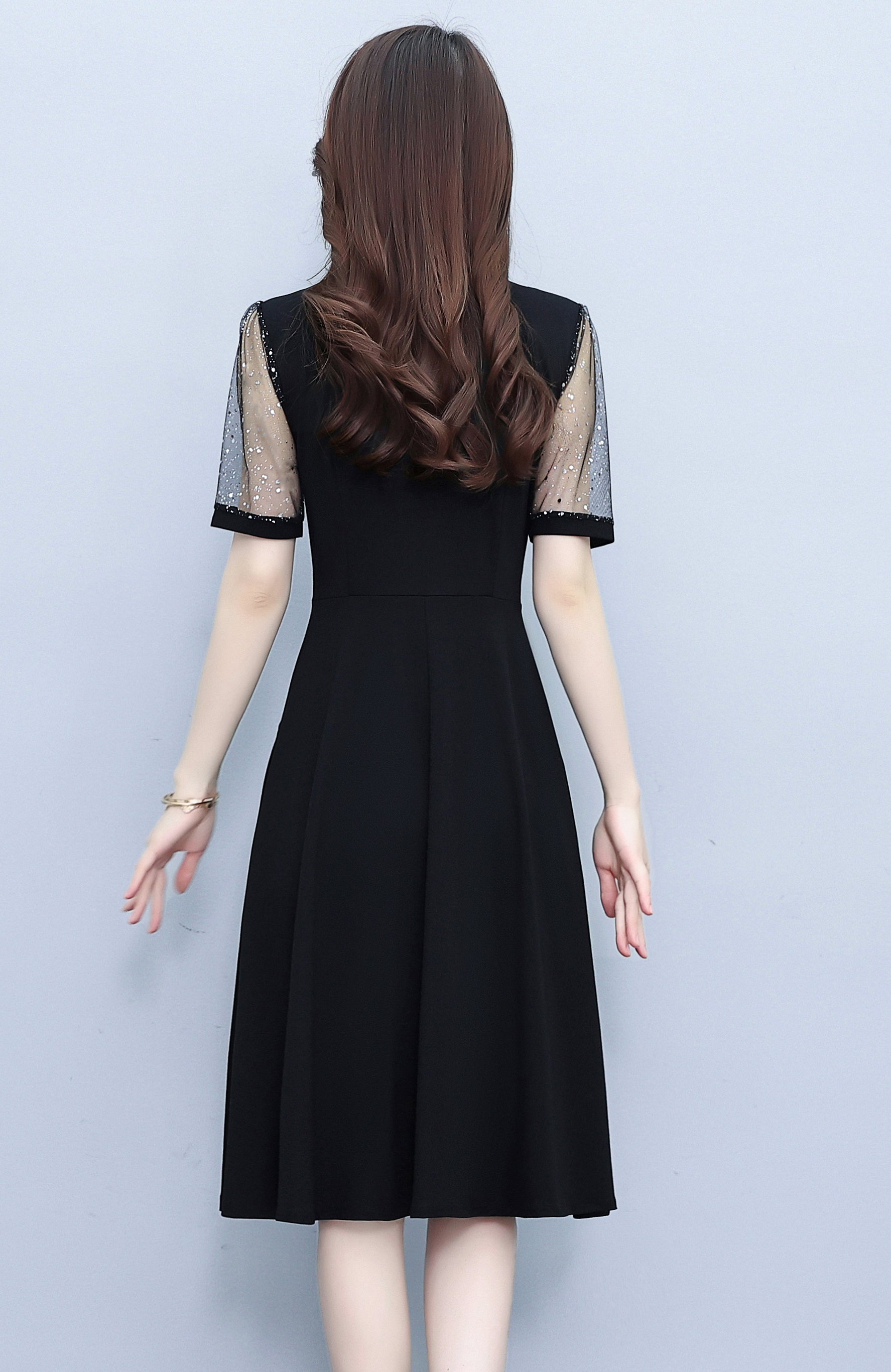 Elegant Mesh Sleeve Midi Dress with Pockets - LAI MENG FIVE CATS