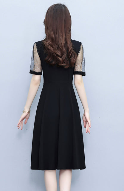 Elegant Mesh Sleeve Midi Dress with Pockets - LAI MENG FIVE CATS